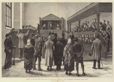 Opening of the New Irish Land Court in Connaught, a Sketch in the Claremorris Court-House, County Mayo by Frank Dadd